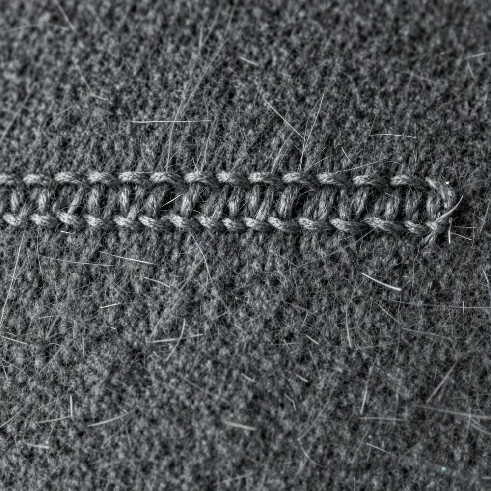 Close-up of dense hand-stitching along a wool seam edge