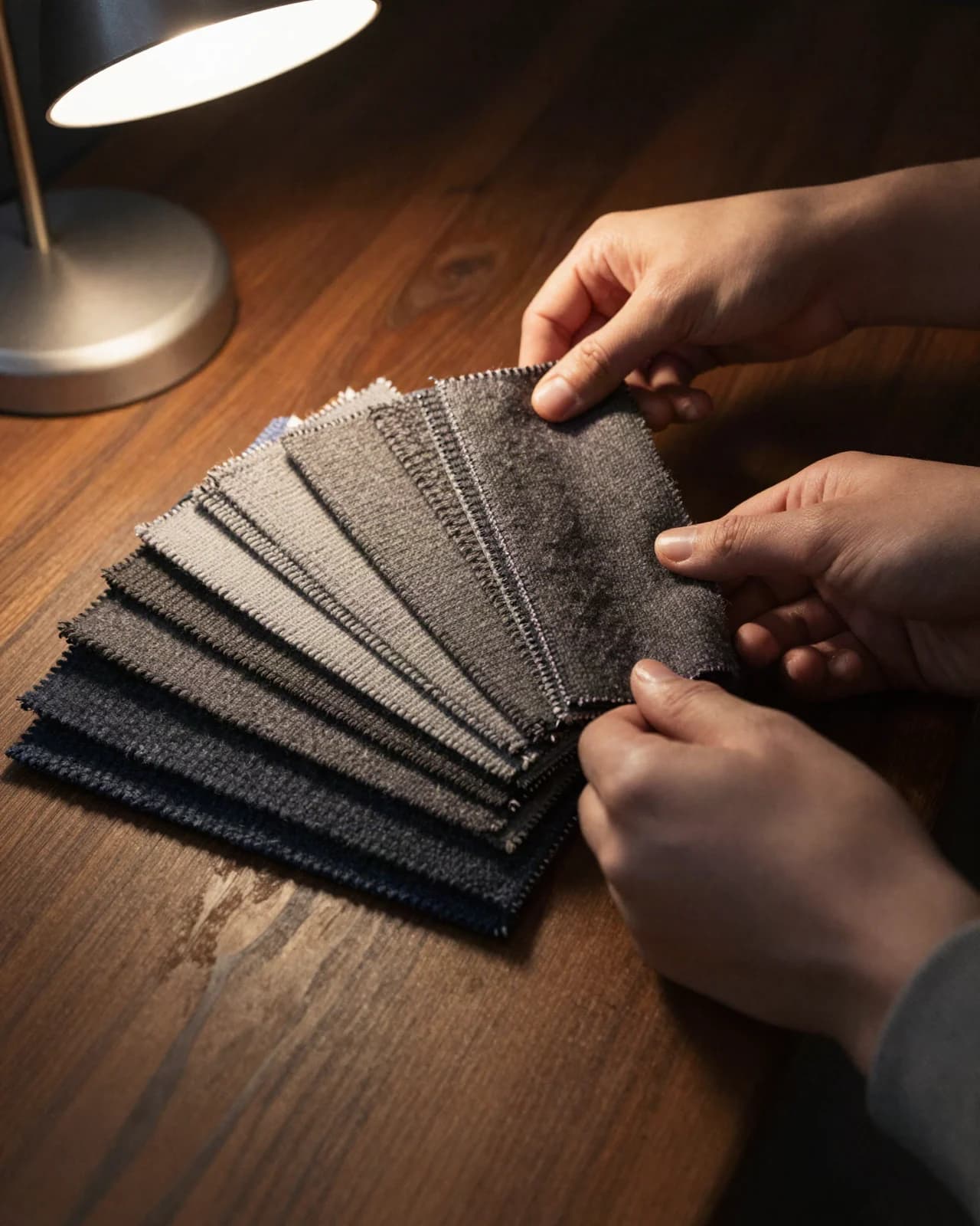 Tailor selecting fabric swatches by lamplight