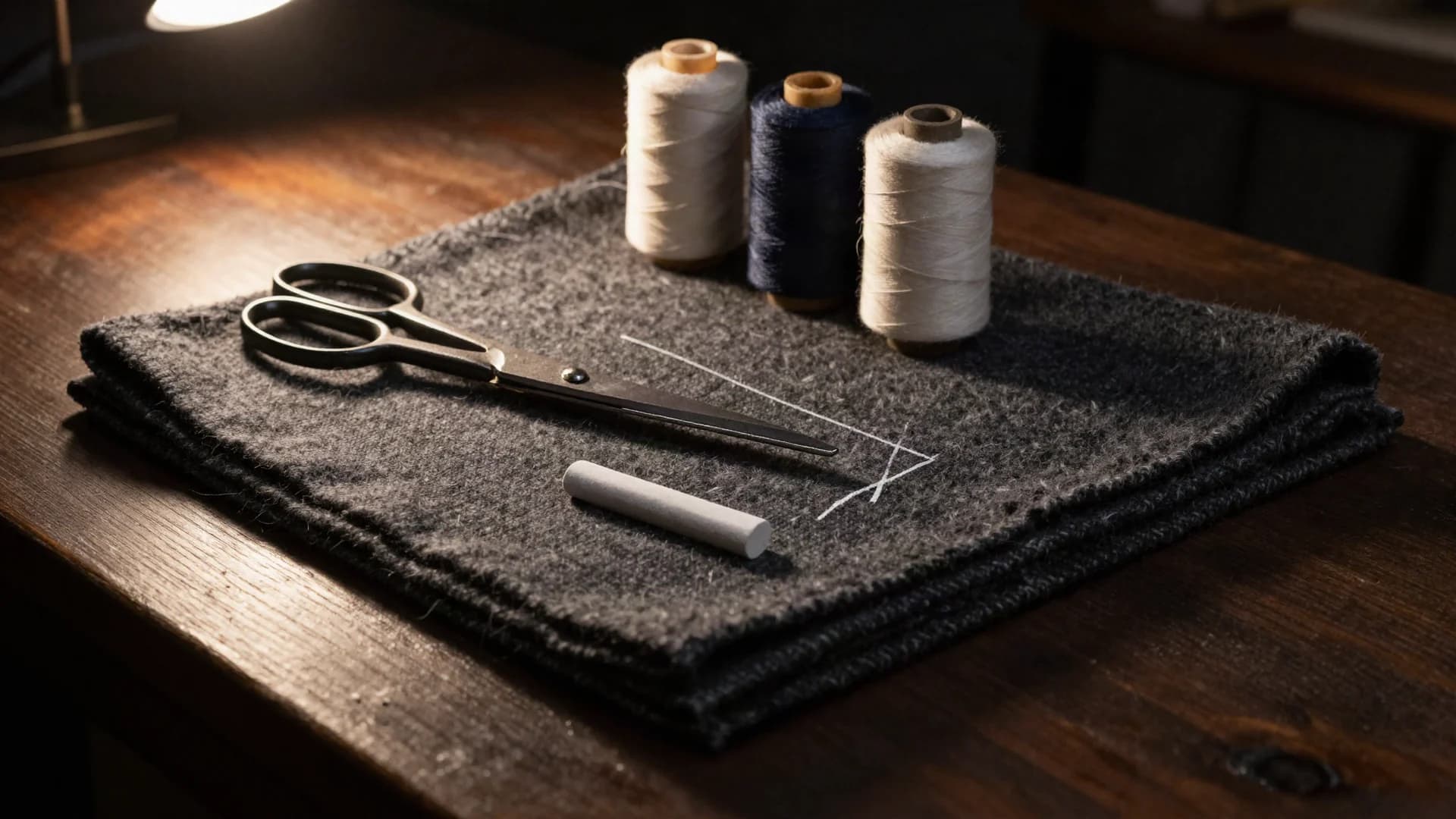 Charcoal wool cloth, shears, chalk, and thread spools arranged on a lamplit workbench