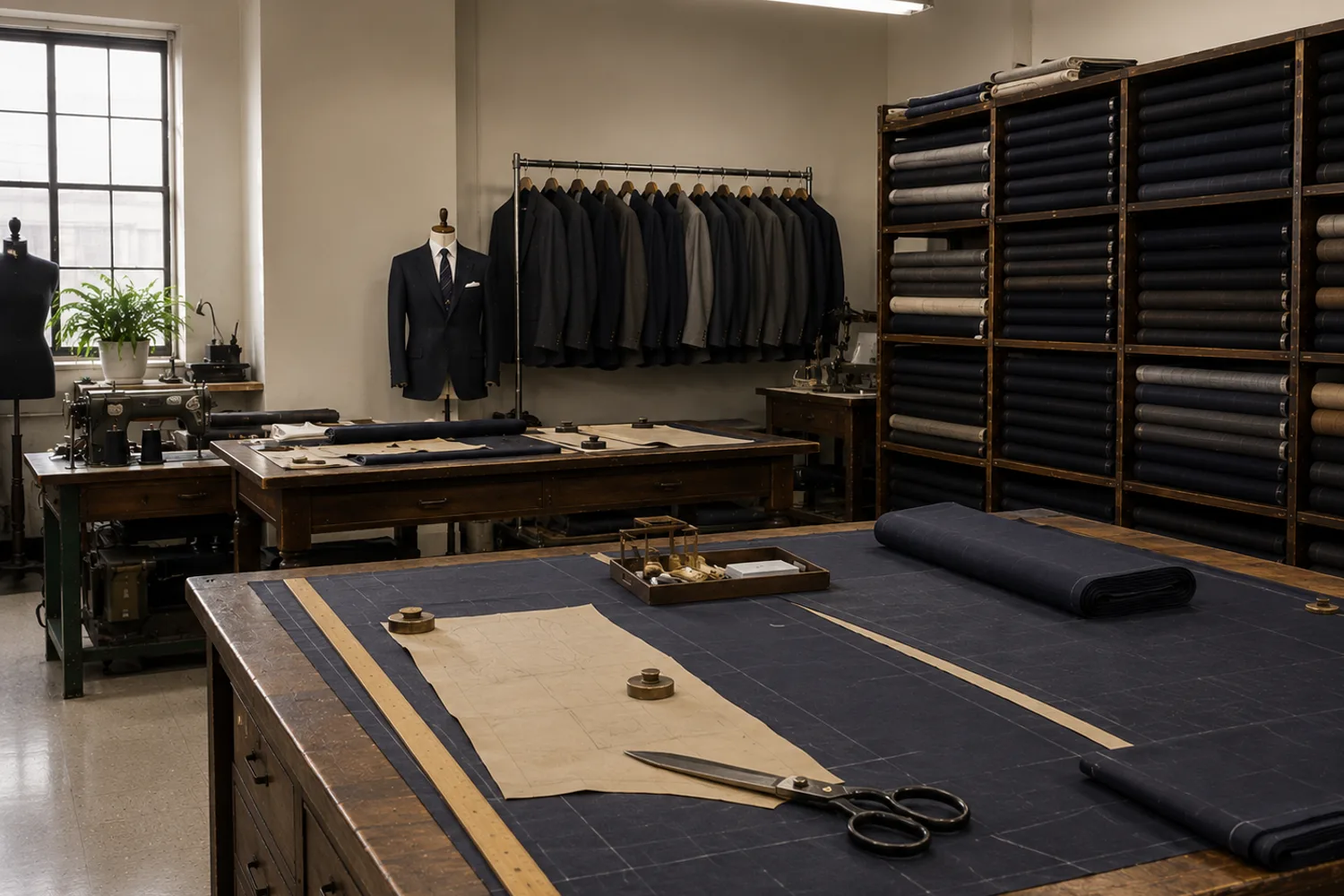 Tailoring workshop with bolts of cloth and cutting tables