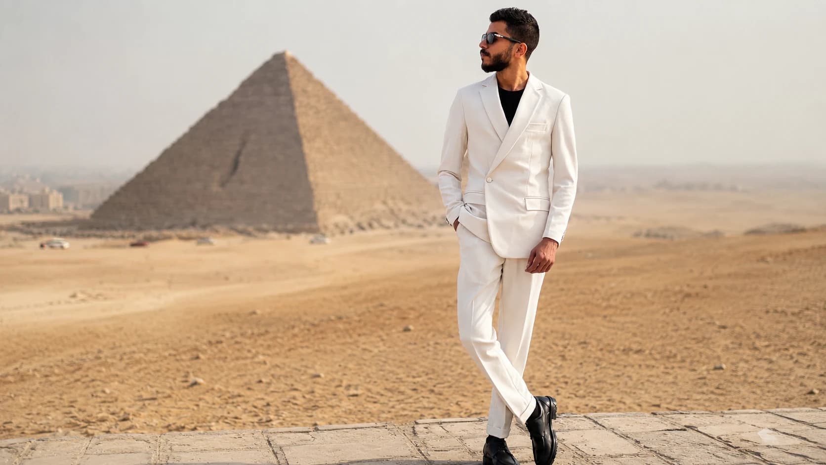 A man in a white suit walking past the Great Pyramid of Giza, Cairo